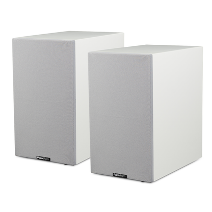 White pair of Paradigm Premier 120B v2 Bookshelf Speakers on white background with white grilles on