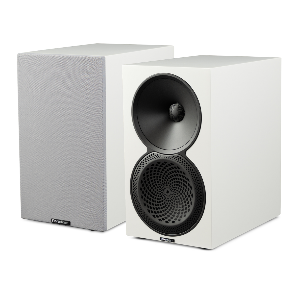 White pair of Paradigm Premier 120B v2 Bookshelf Speakers on white background