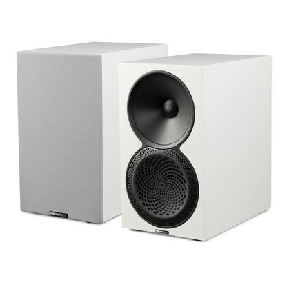 White pair of Paradigm Premier 120B v2 Bookshelf Speakers on white background