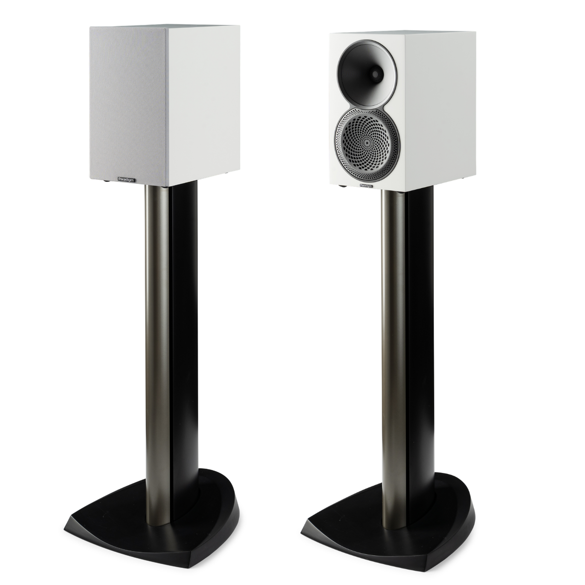 Pair of white bookshelf speakers on floor-stands on white background