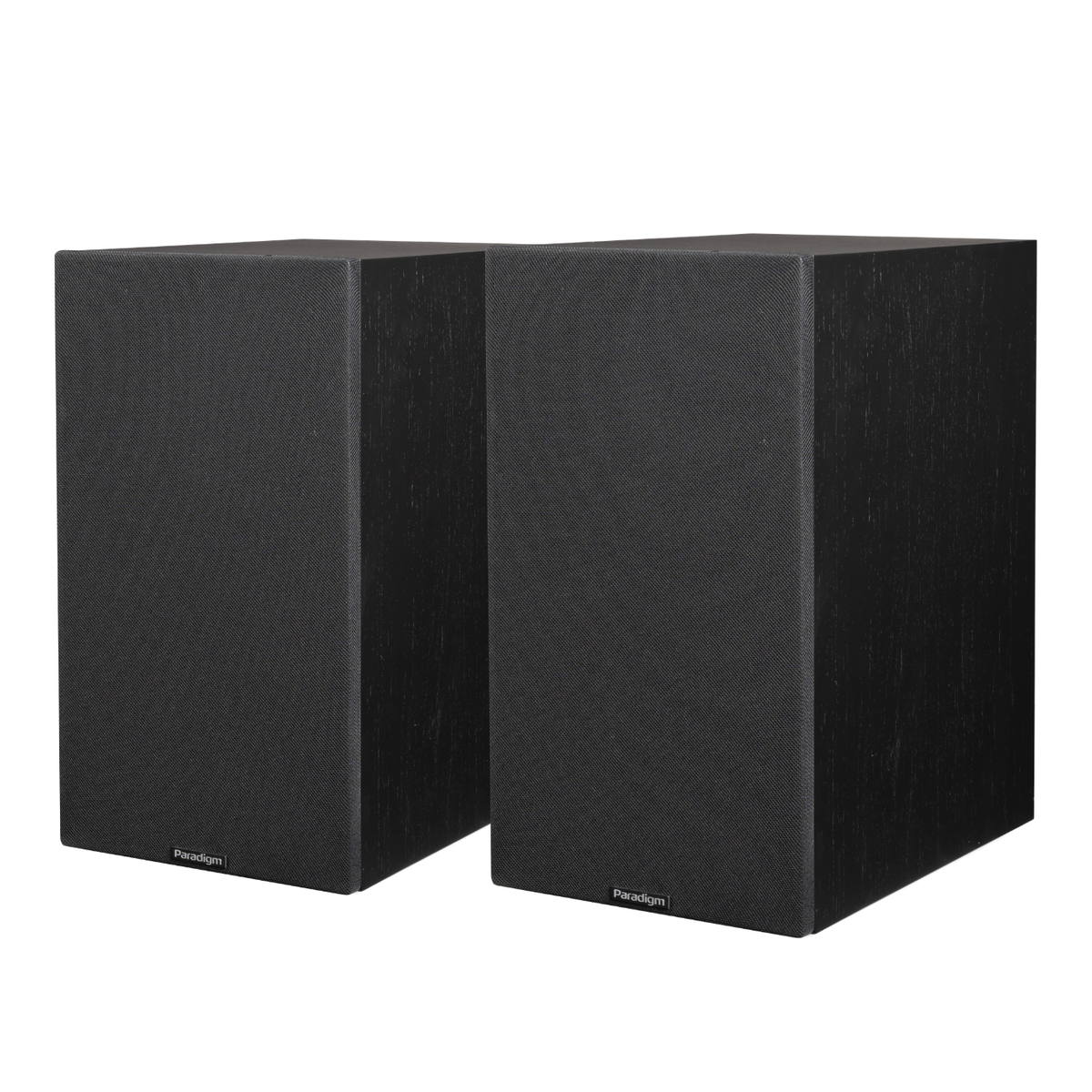 Pair of black walnut Paradigm Premier 220B v2 Bookshelf Speakers on white background with grilles on