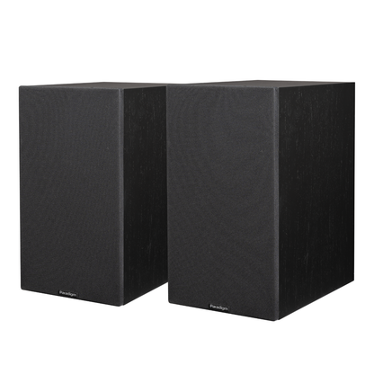 Pair of black walnut Paradigm Premier 220B v2 Bookshelf Speakers on white background with grilles on