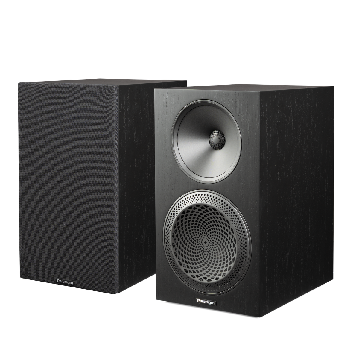 Pair of black walnut Paradigm Premier 220B v2 Bookshelf Speakers on white background