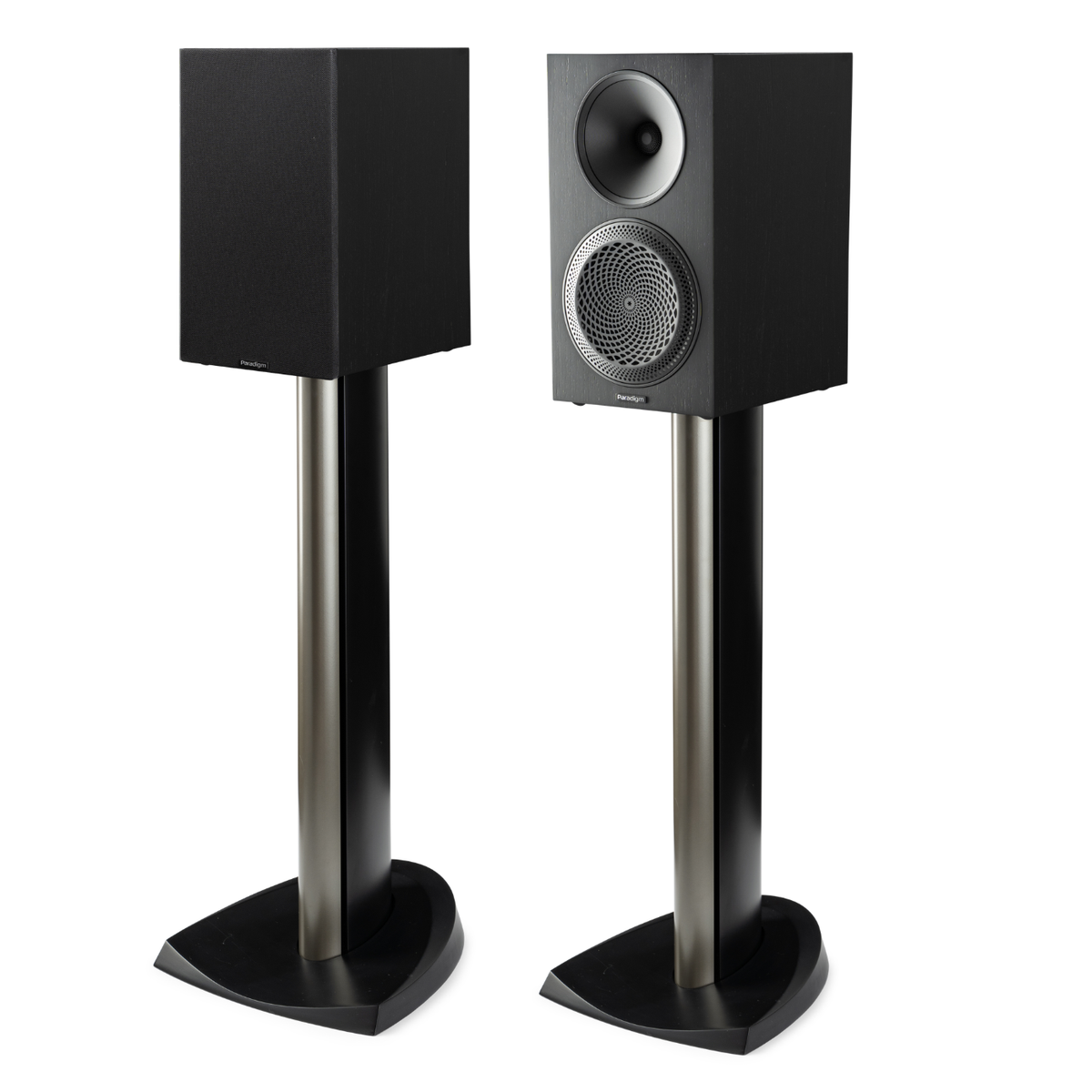 Pair of black speakers on stands against a white background