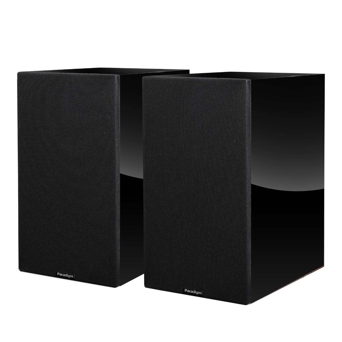 Pair of Piano black Paradigm Premier 220B v2 Bookshelf Speakers on white background with grilles on