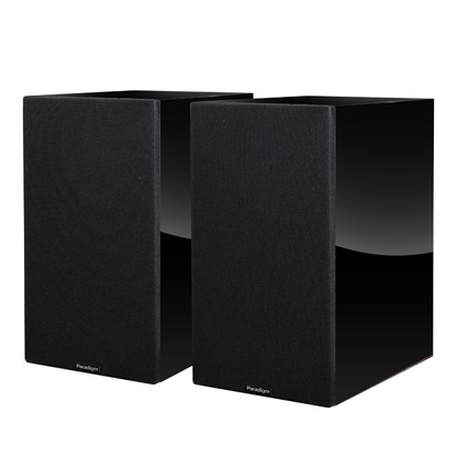 Pair of Piano black Paradigm Premier 220B v2 Bookshelf Speakers on white background with grilles on