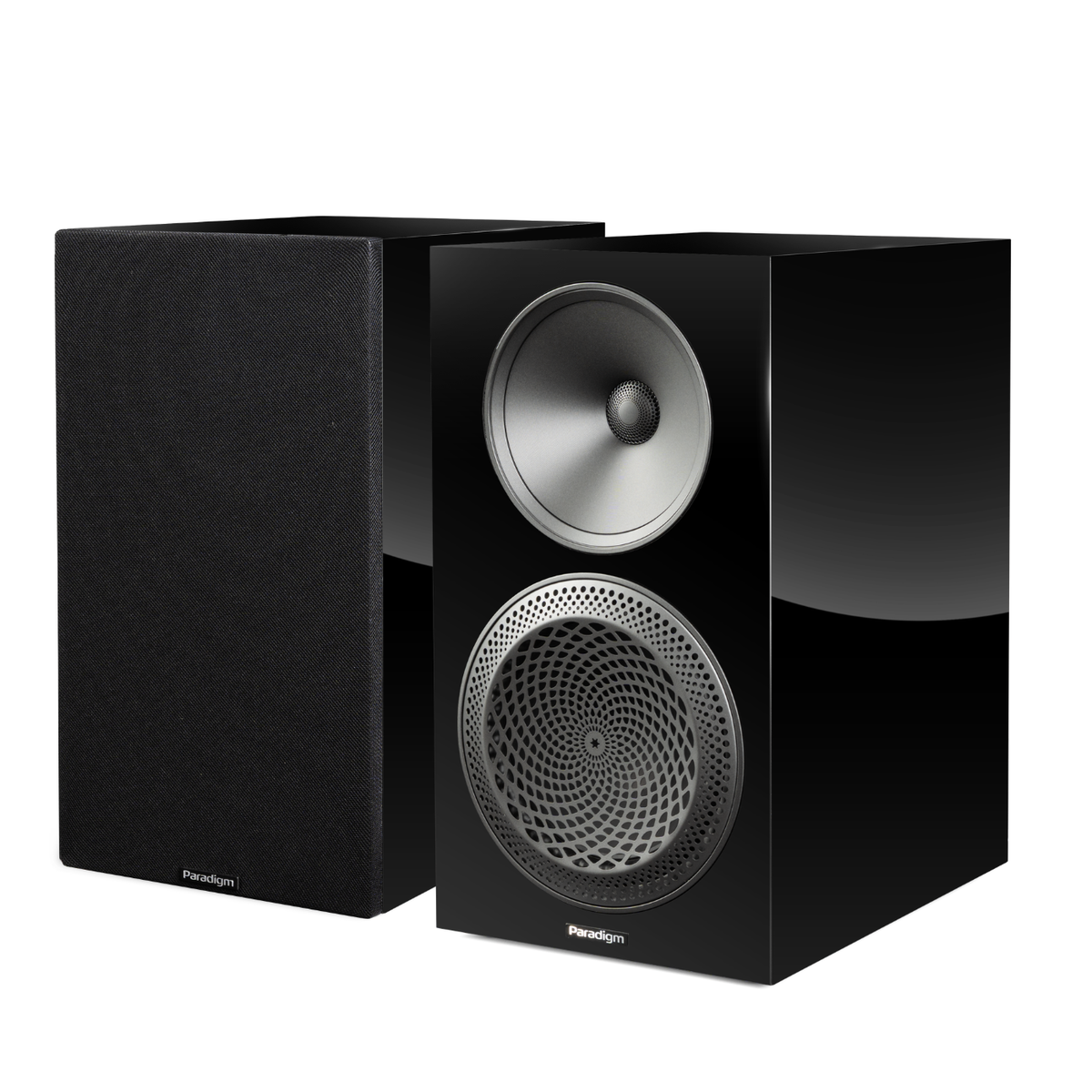 Pair of Piano black Paradigm Premier 220B v2 Bookshelf Speakers on white background