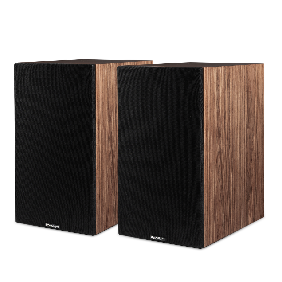 Pair of walnut Paradigm Premier 220B v2 Bookshelf Speakers on white background with grilles on