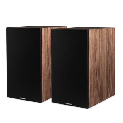 Pair of walnut Paradigm Premier 220B v2 Bookshelf Speakers on white background with grilles on