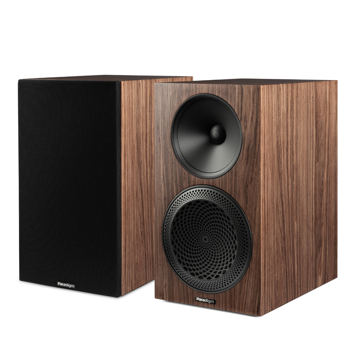 Pair of walnut Paradigm Premier 220B v2 Bookshelf Speakers on white background
