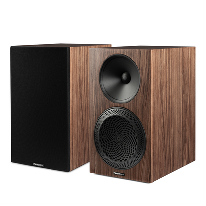 Pair of walnut Paradigm Premier 220B v2 Bookshelf Speakers on white background
