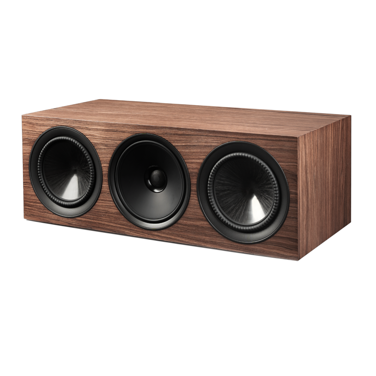 Walnut Paradigm Premier 520LCR Speaker with no grille on white background