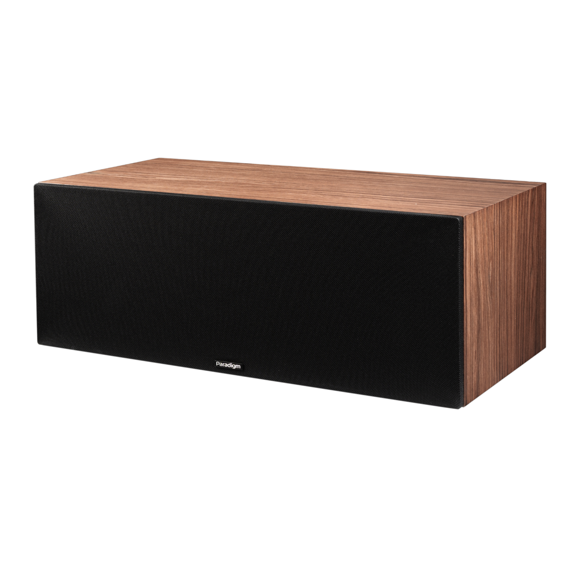Walnut Paradigm Premier 520LCR Speaker with grille on white background