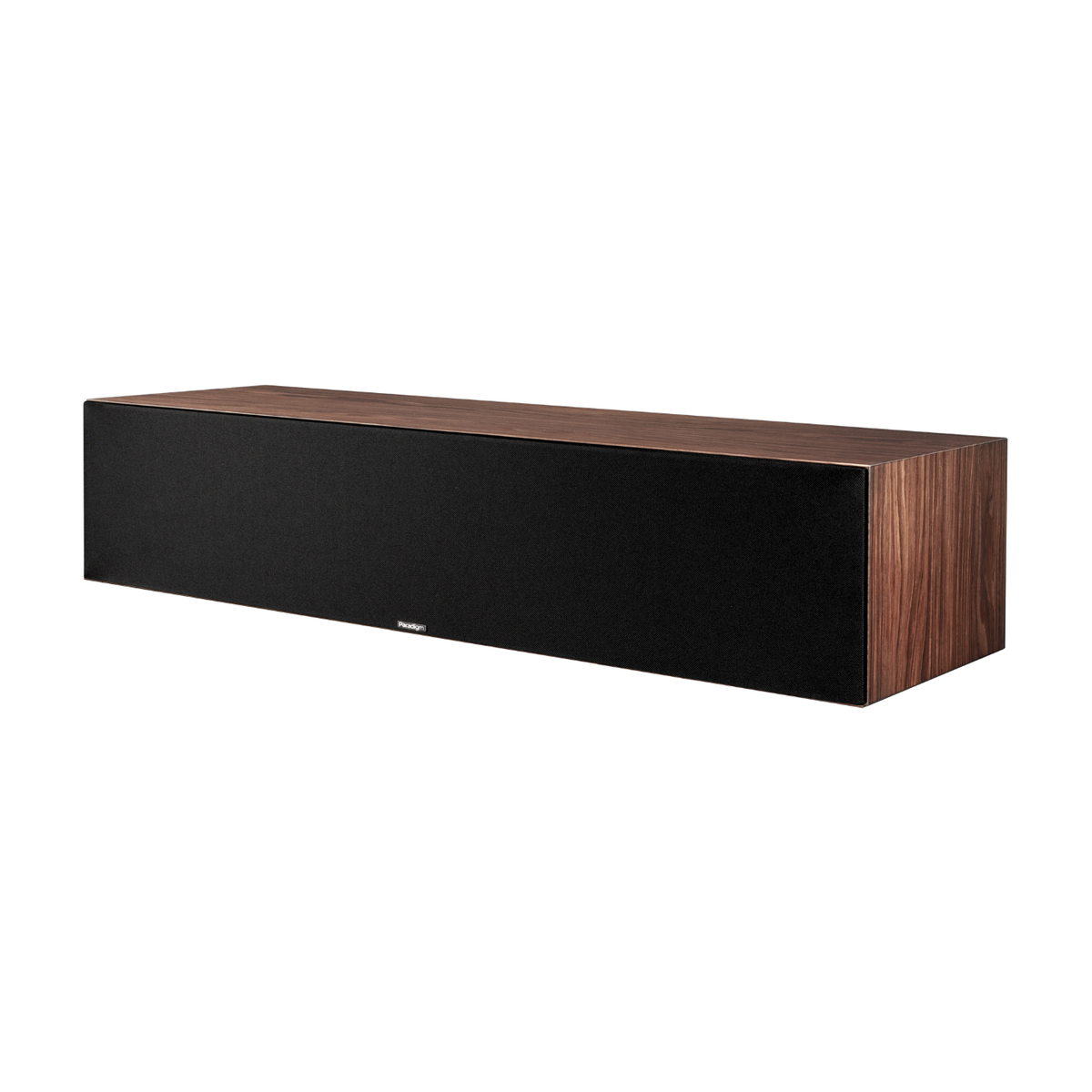 Walnut Paradigm Premier 620C v2 Centre Speaker on white background with grille on