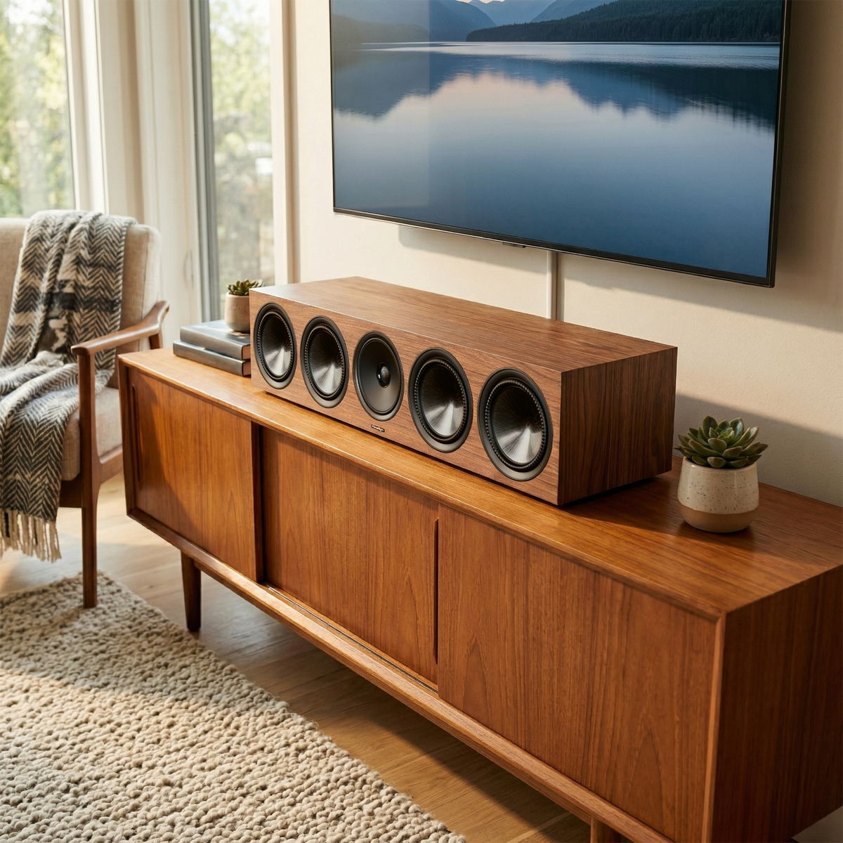 Wooden entertainment console with speakers in a living room setting