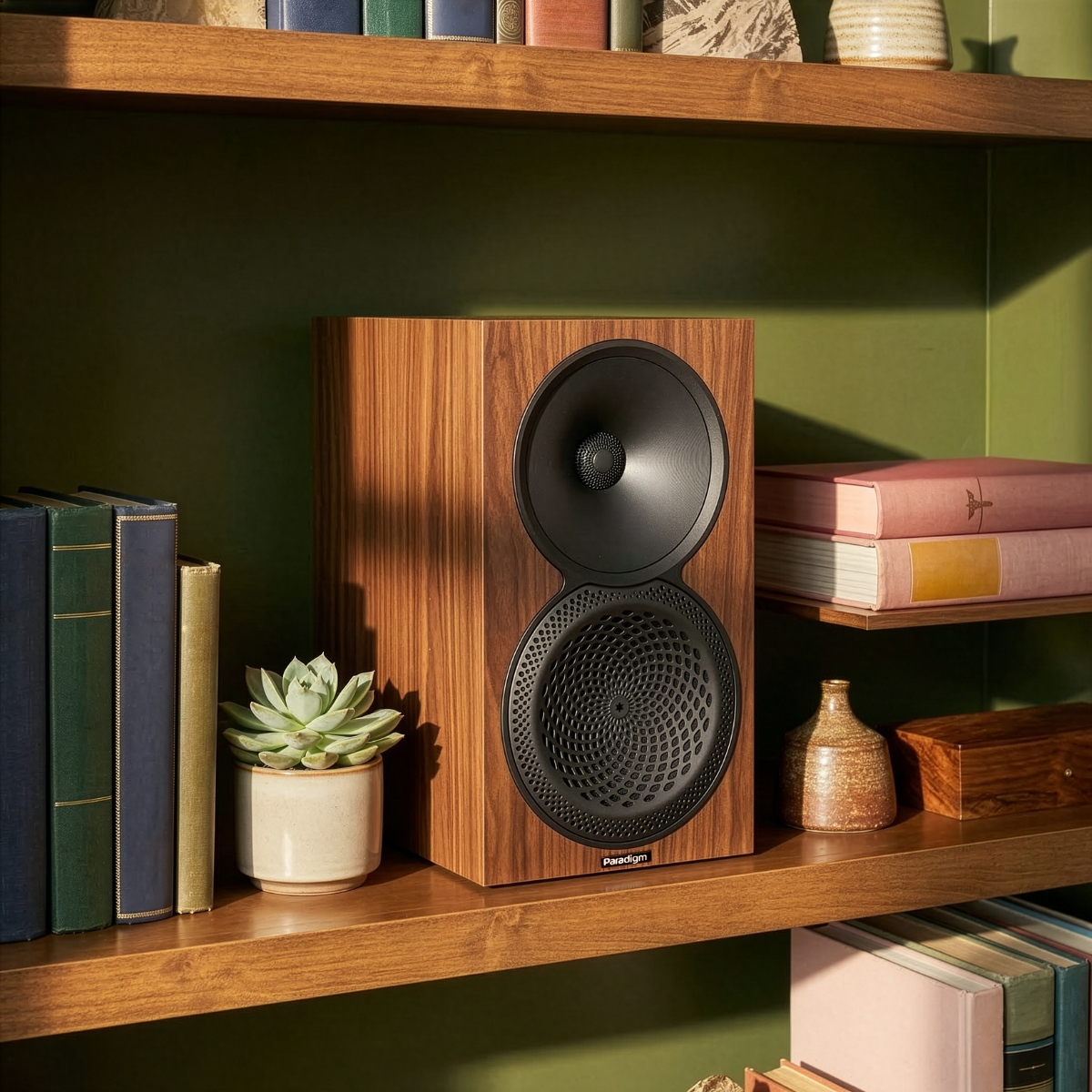 Wooden Paradigm Premier 120B v2 Bookshelf Speakers on a shelf with books and decor