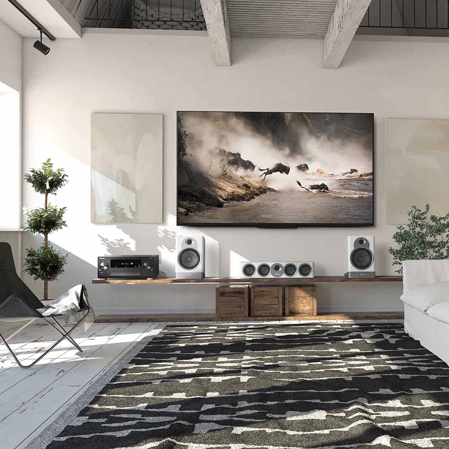 Pioneer Receiver in living room with speakers and tv