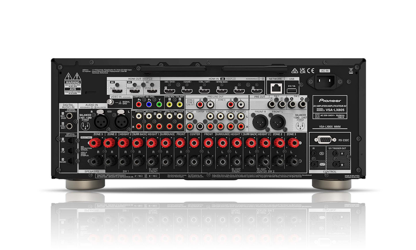 Pioneer VSA-LX805 8K Home Theatre Amplifier - 4 Subwoofer Outputs, 2-Way Bluetooth Receiver & Transmitter (aptX HD)