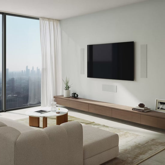 KEF Ci5120QLM-THX In-Wall Speakers on wall showing with or without grilles