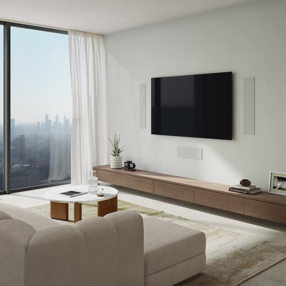 KEF Ci5120QLM-THX In-Wall Speakers on wall showing with or without grilles