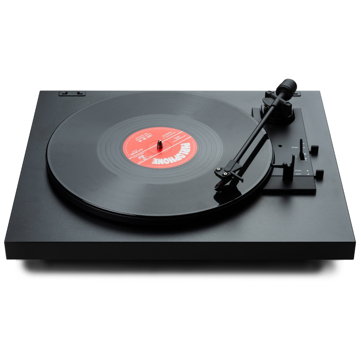 Top angle view of black Pro-Ject A1.2 Automat Turntable on a white background