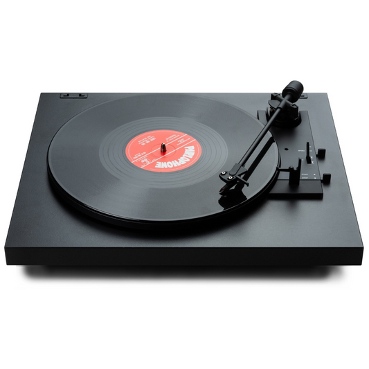 Top angle view of black Pro-Ject A1.2 Automat Turntable on a white background