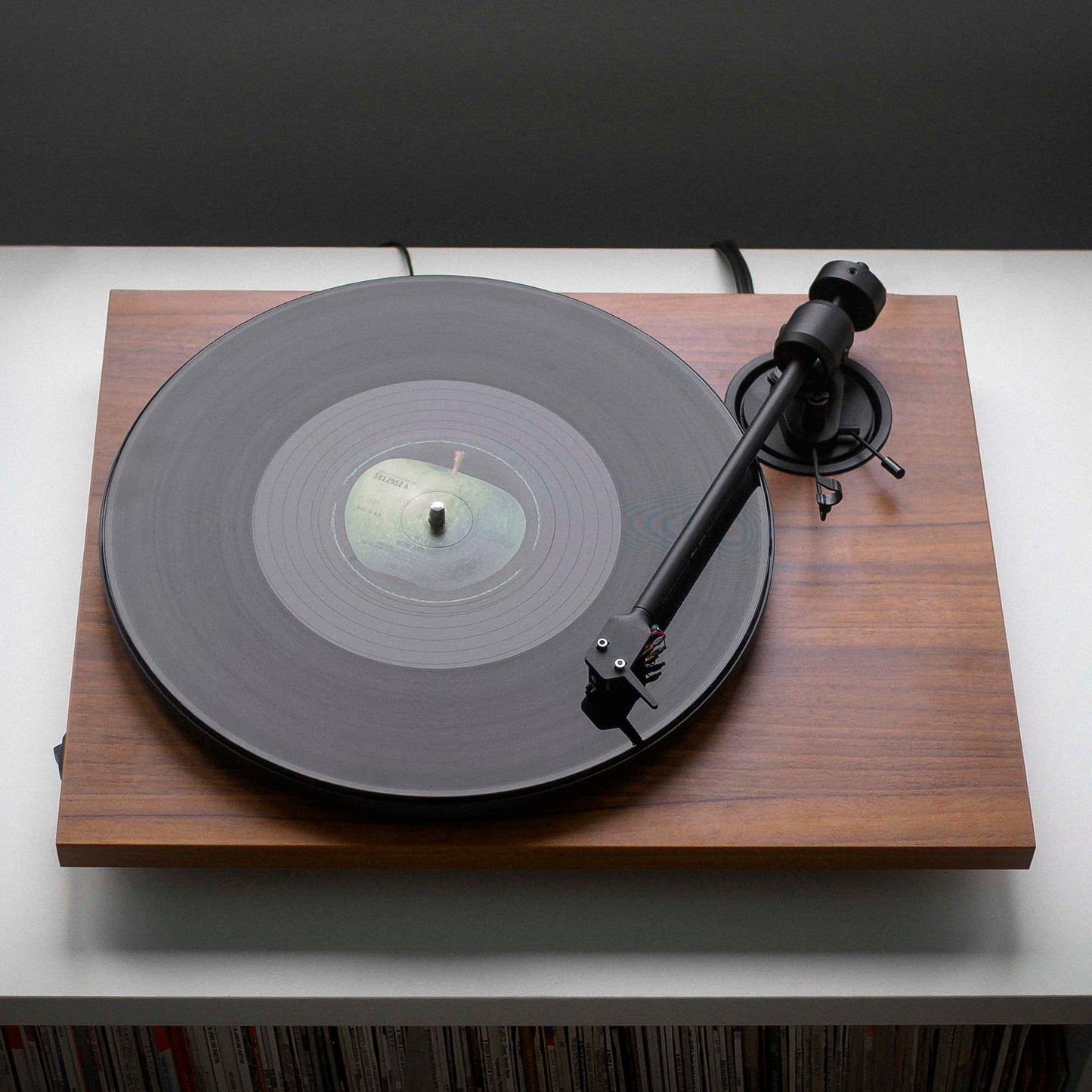 Top view of Pro-Ject E1 Turntable with Pick It MM E Cartridge in walnut