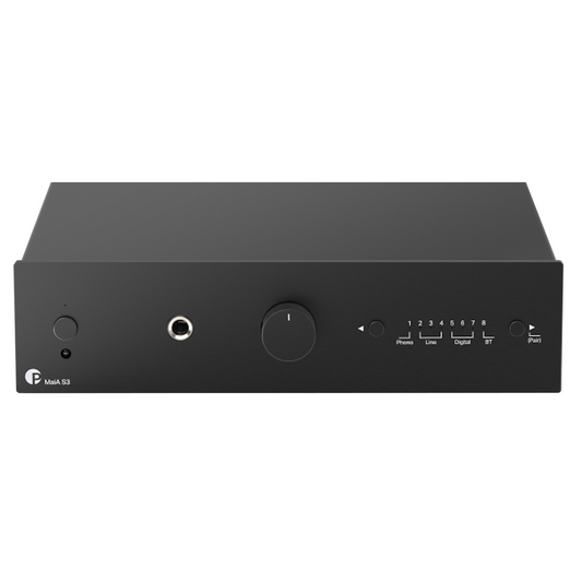 Black audio component with control buttons on a white background