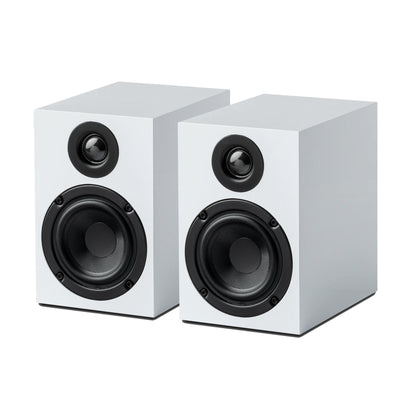 Pro-Ject Speaker Box 3 E Bookshelf Speakers in white on white background