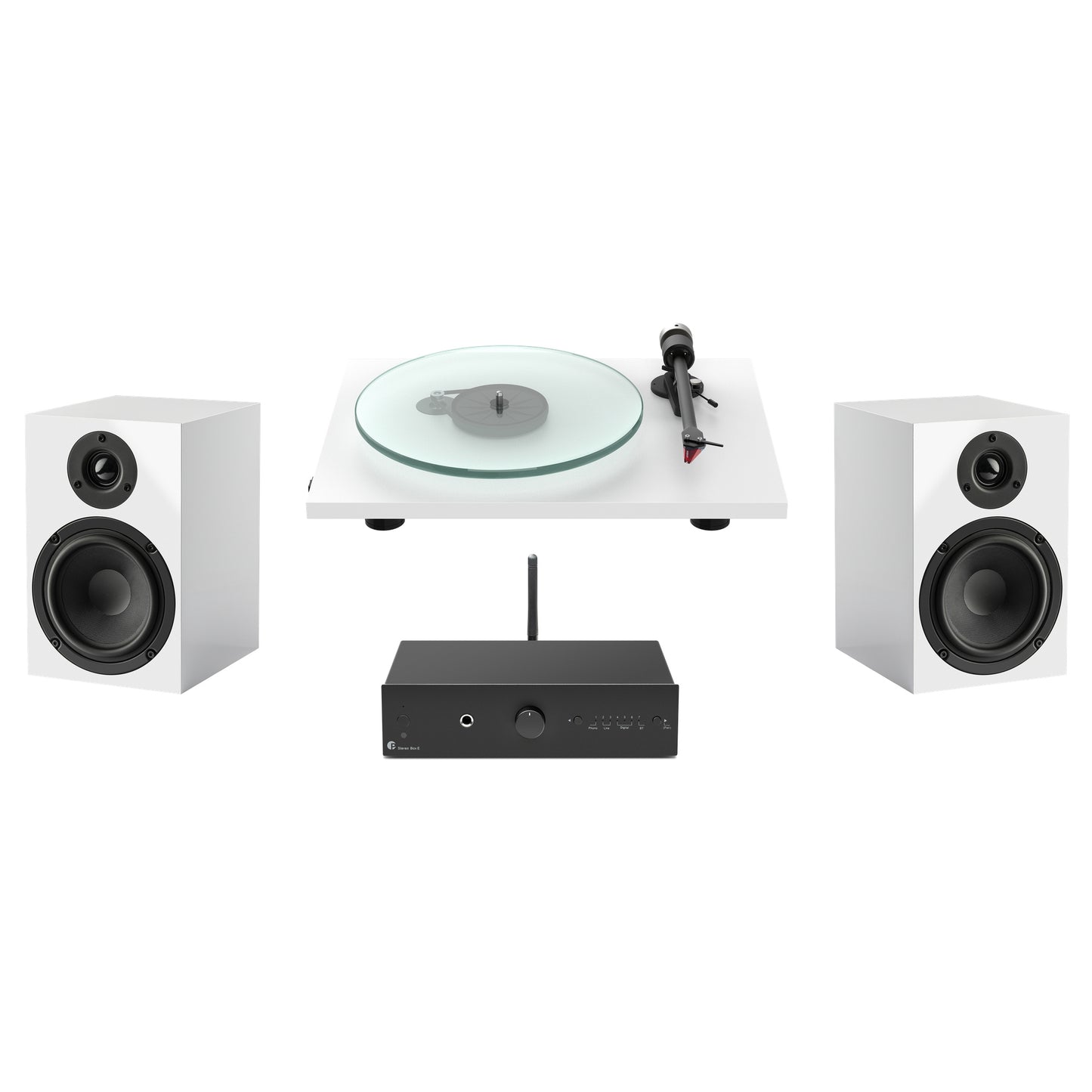 Pro-Ject T2 Super Set with white speakers, turntable and phono stage on white background