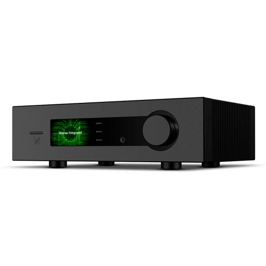 Black Quad Platina Integrated Amplifier with digital display on a white background