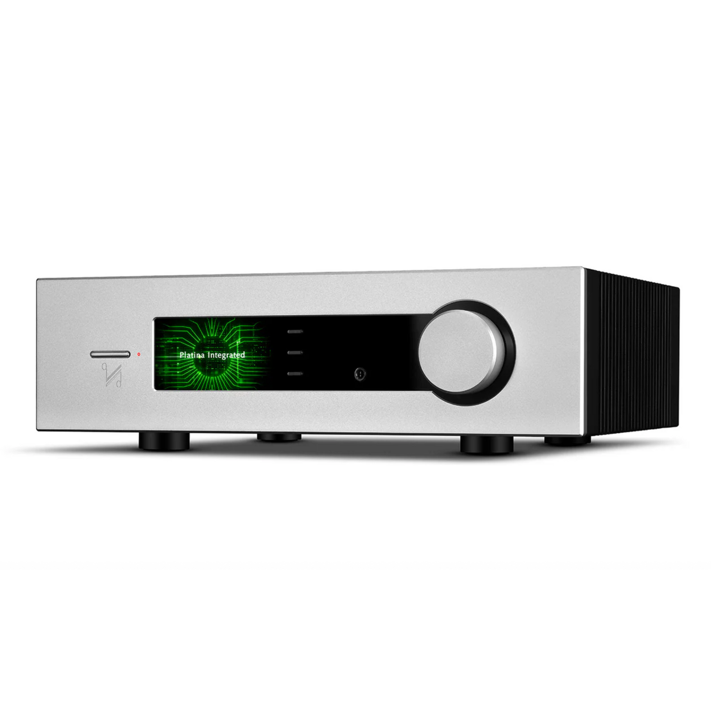 Silver Quad Platina Integrated Amplifier with digital display on a white background