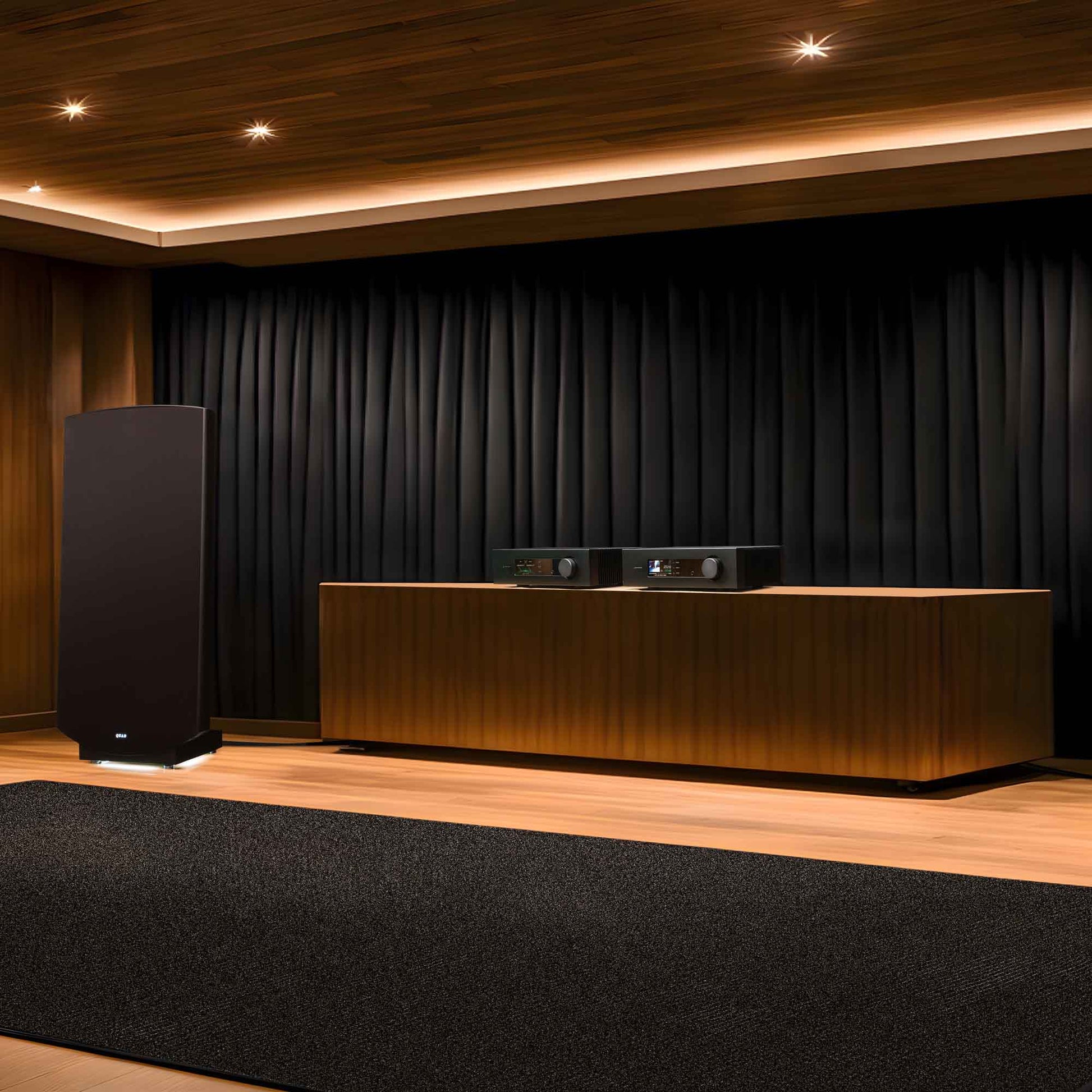 Quad Platina CDT CD Transport sitting on cabinet next to Magneplanar Speakers