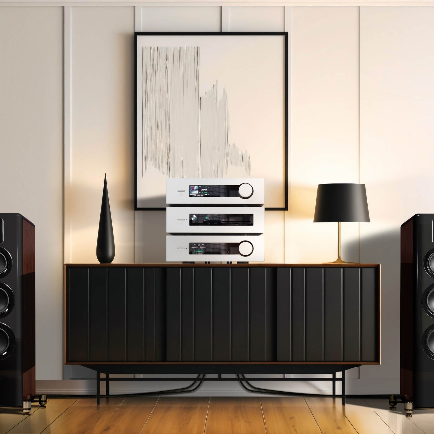 Modern audio equipment on a wooden console with a lamp and abstract art in a room.
