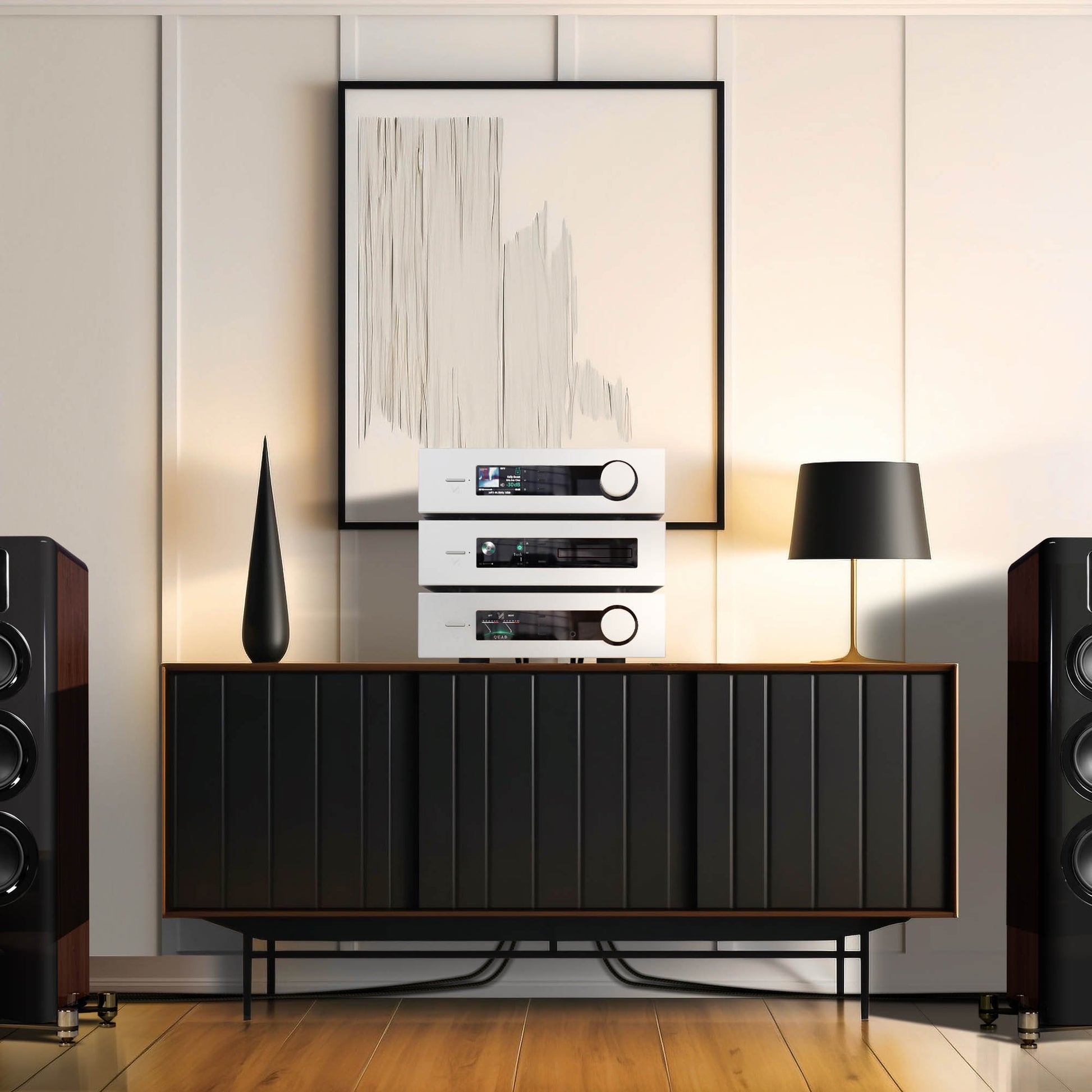 Modern audio equipment on a wooden console with a lamp and abstract art in a room.