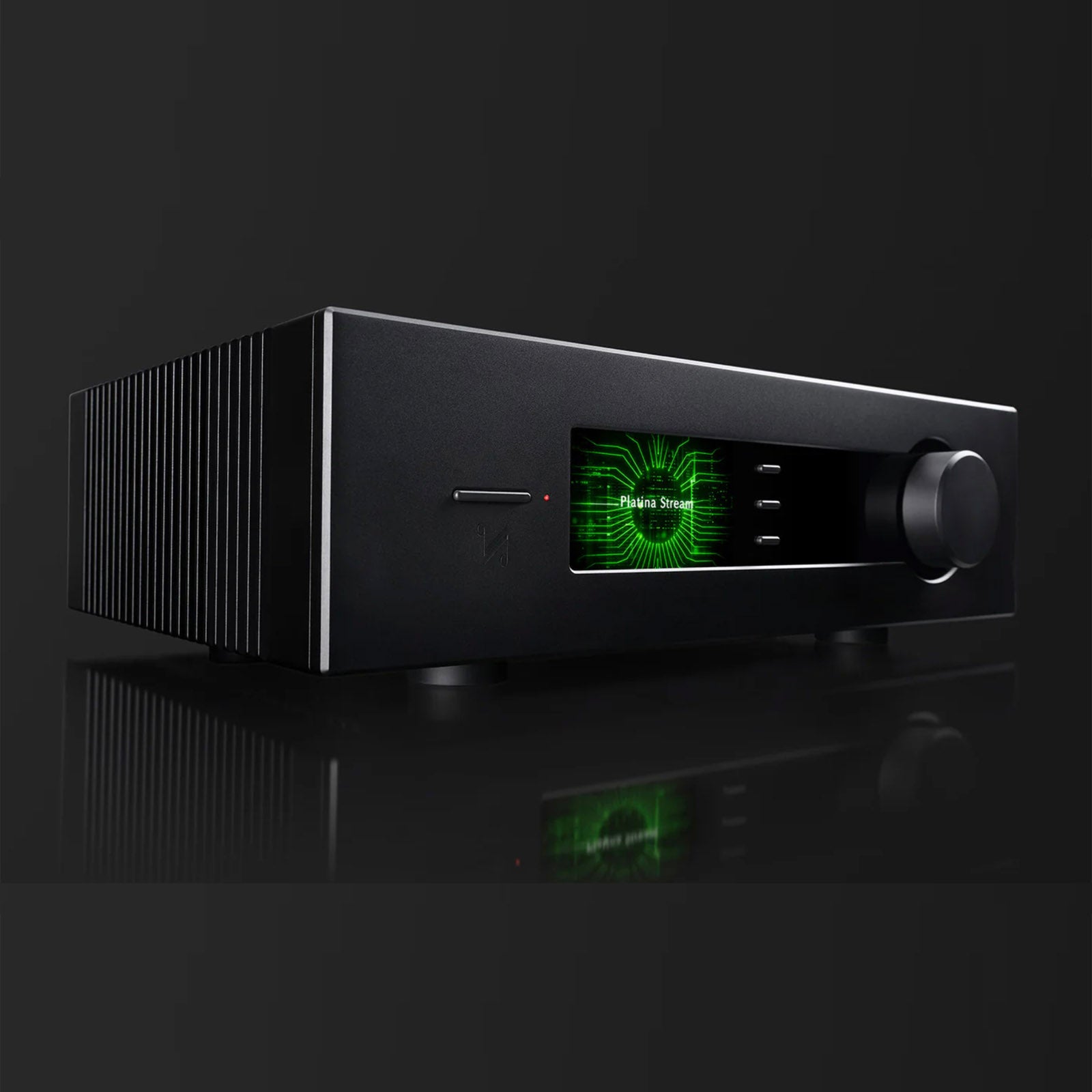 Black electronic device with a green display on a dark background
