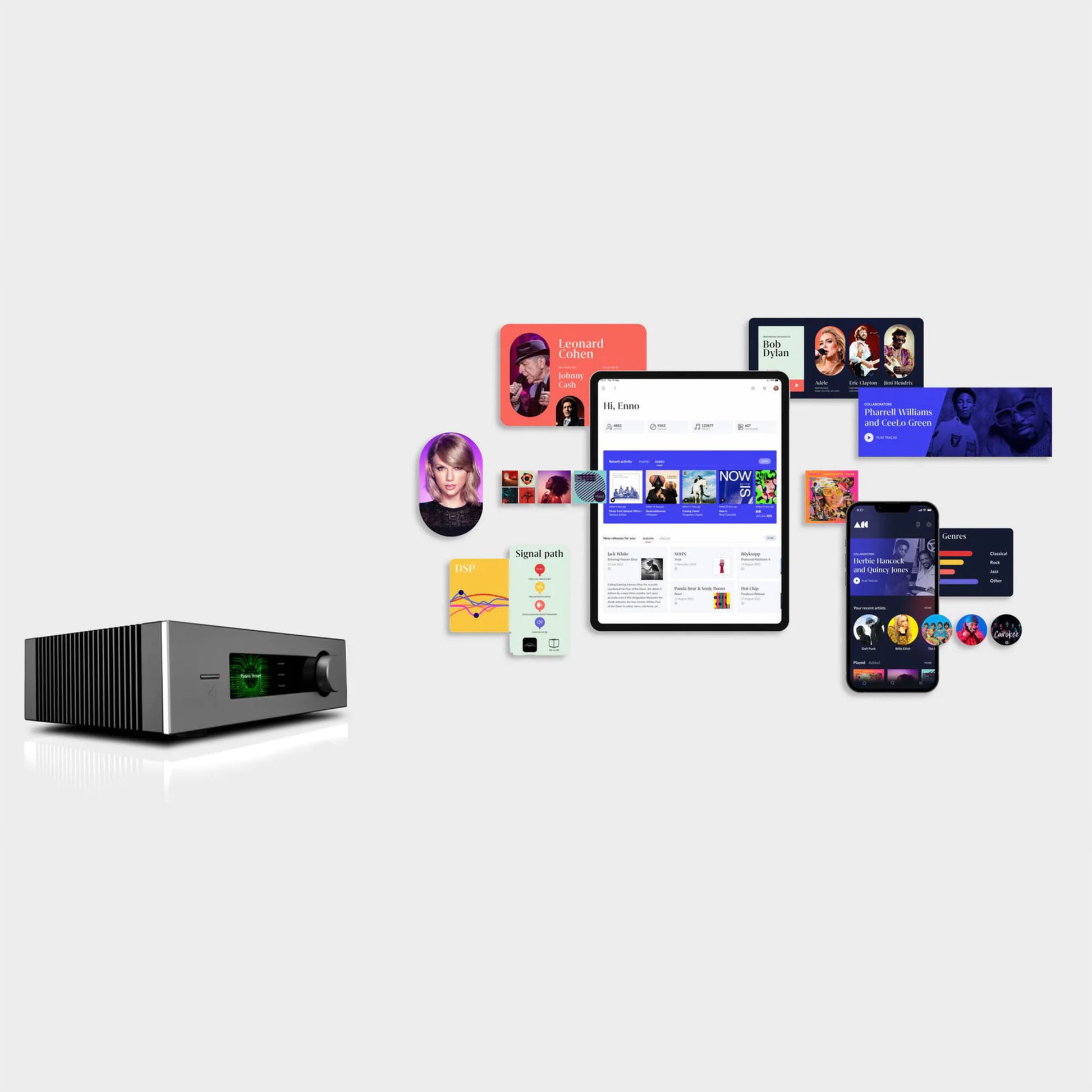 Audio equipment with digital displays and smartphone showing music app on a white background