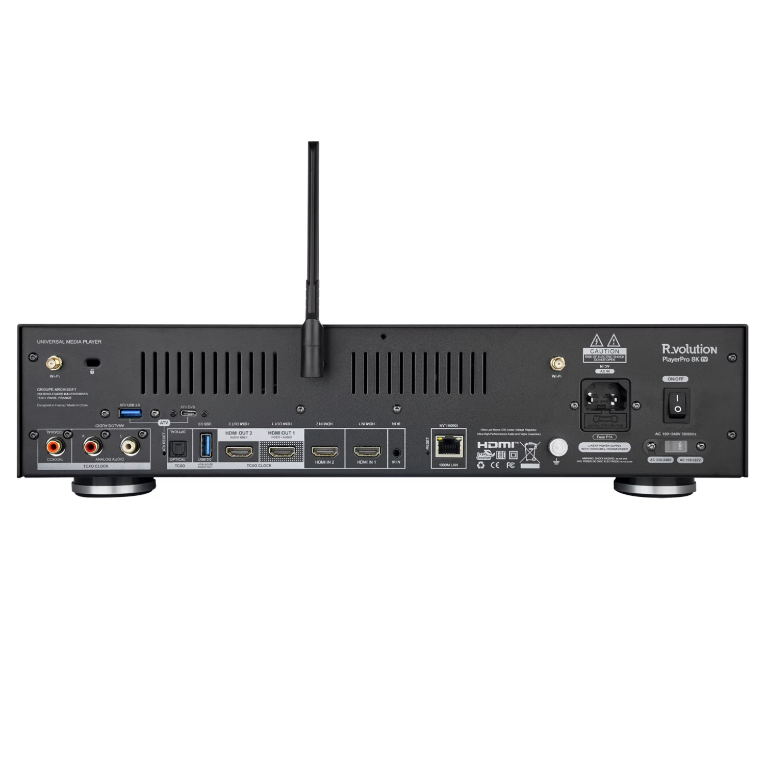 Rear view of R_volution PlayerPro 8K TV Universal Elite Media Player on white background