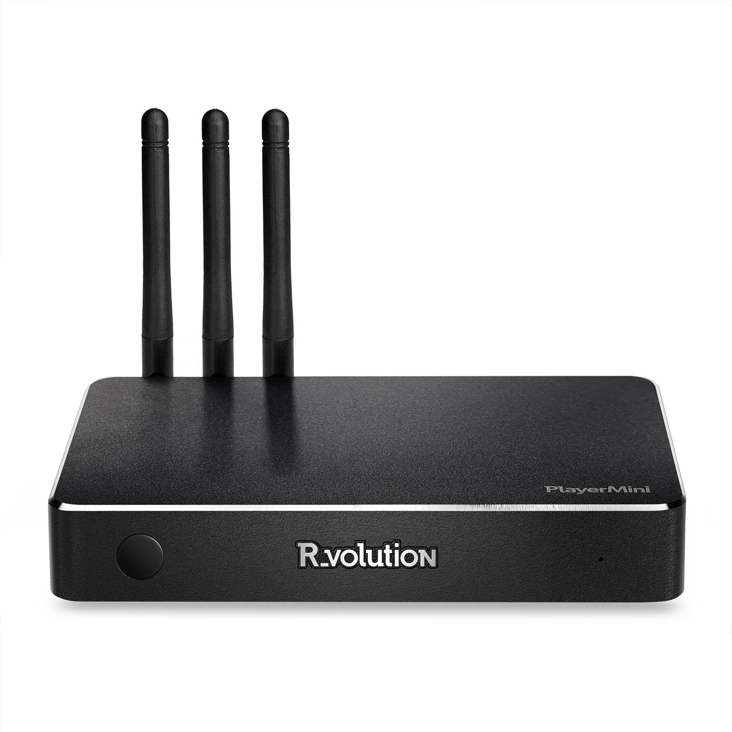 R_volution PlayerMini 4K Ultra HD Media Player with antennas on a white background