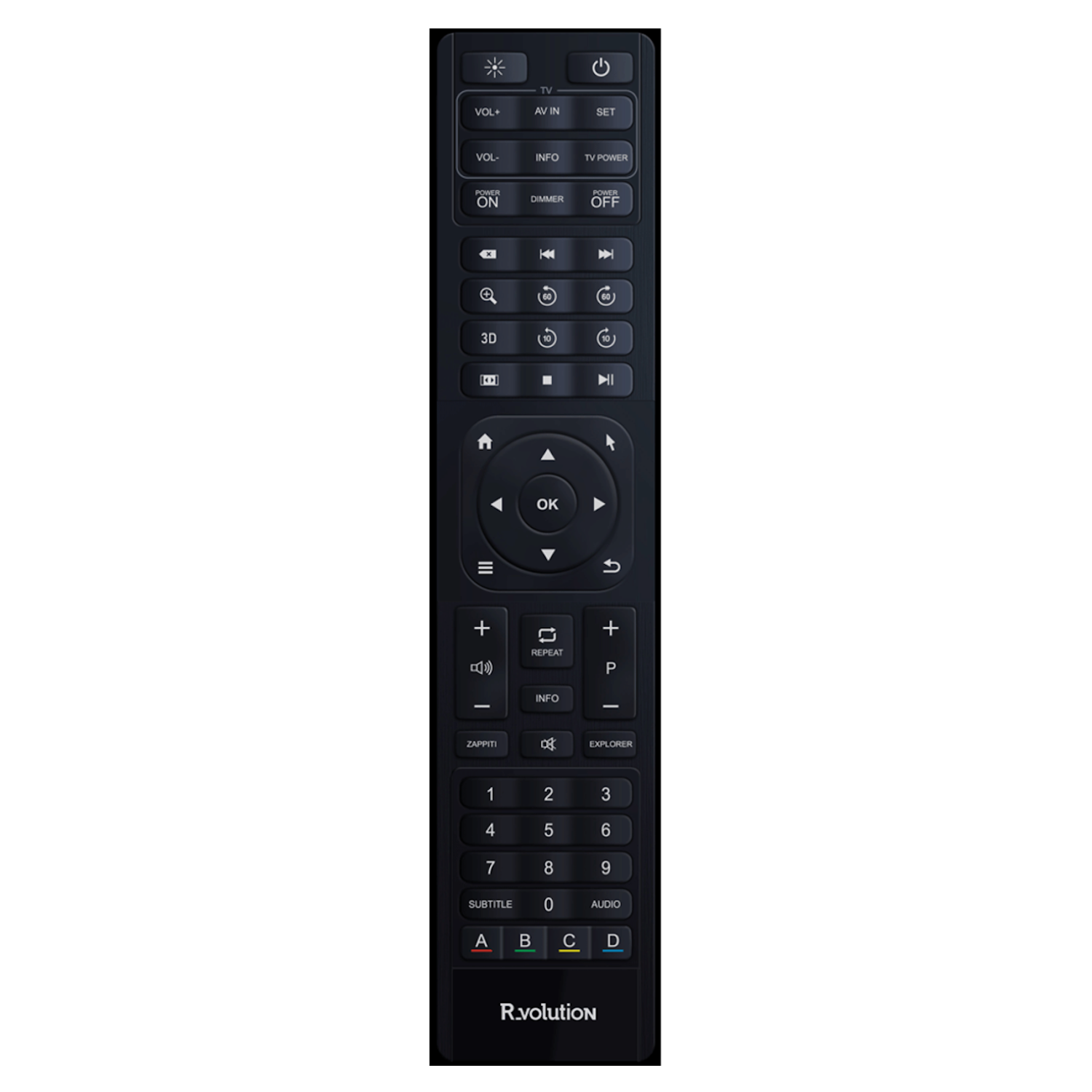 Black remote control with buttons on a white background