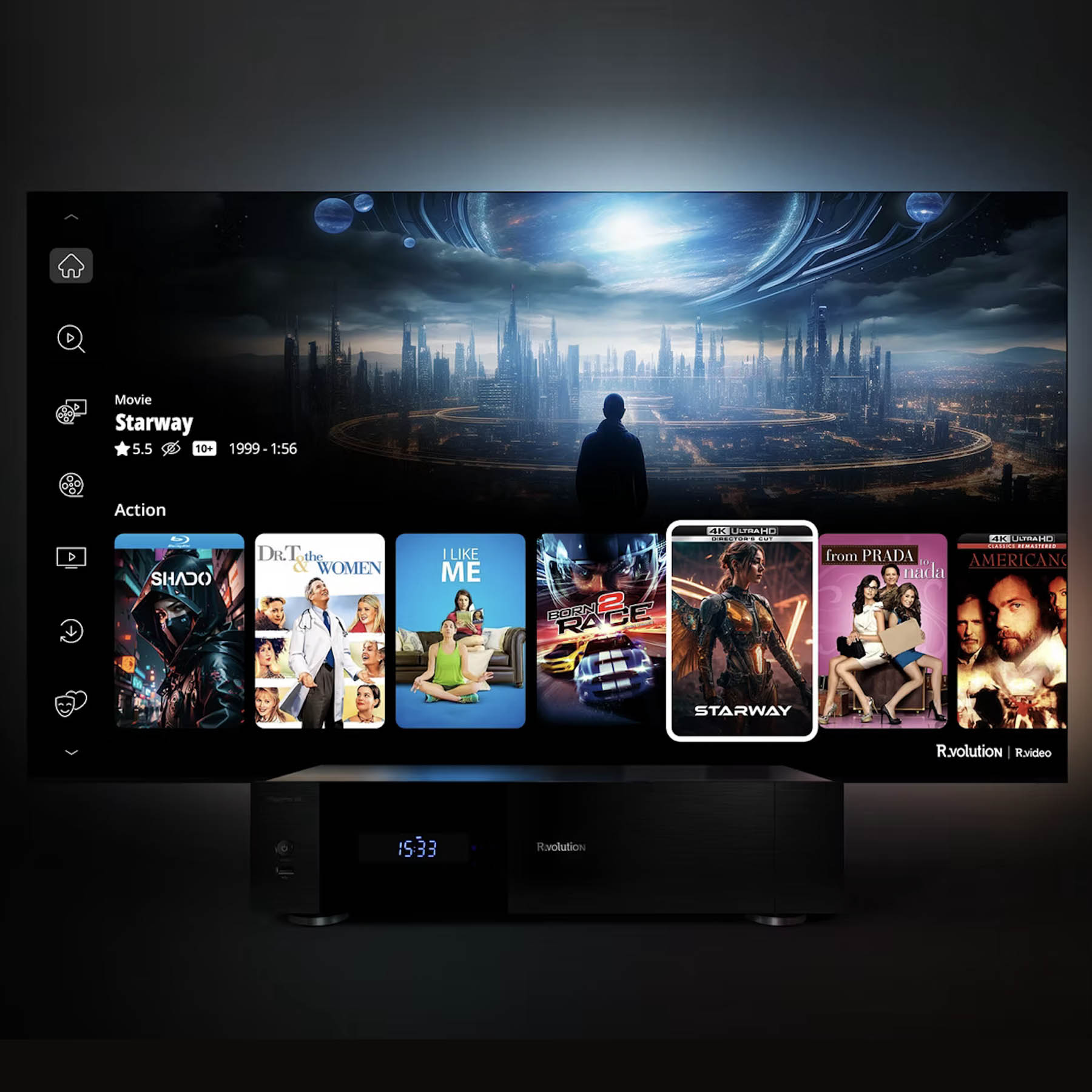 Smart TV displaying a futuristic cityscape with movie thumbnails on a dark background
