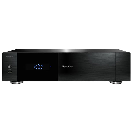 R_volution PlayerPro 8K Ultra HD Media Player with digital display on a white background
