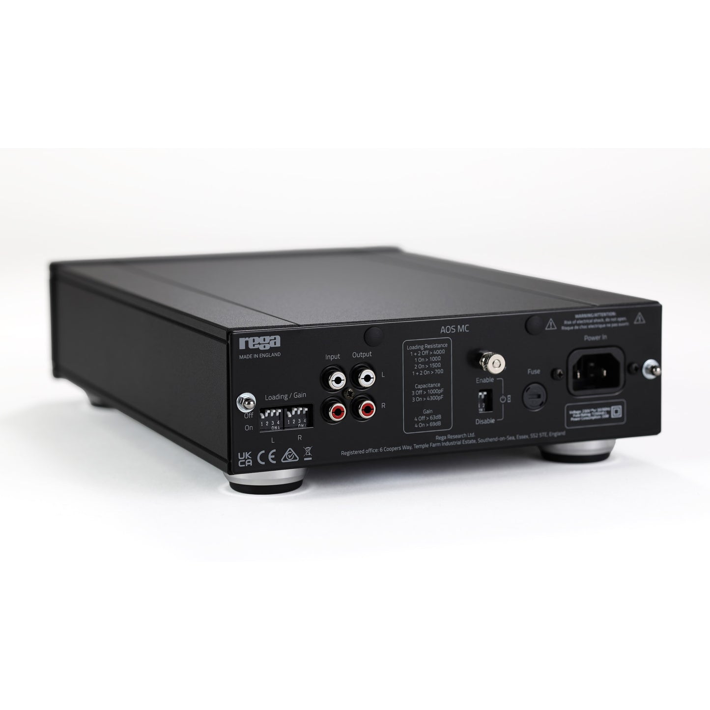 Rear angle view of Rega AOS MC Moving Coil Phono Stage on white background