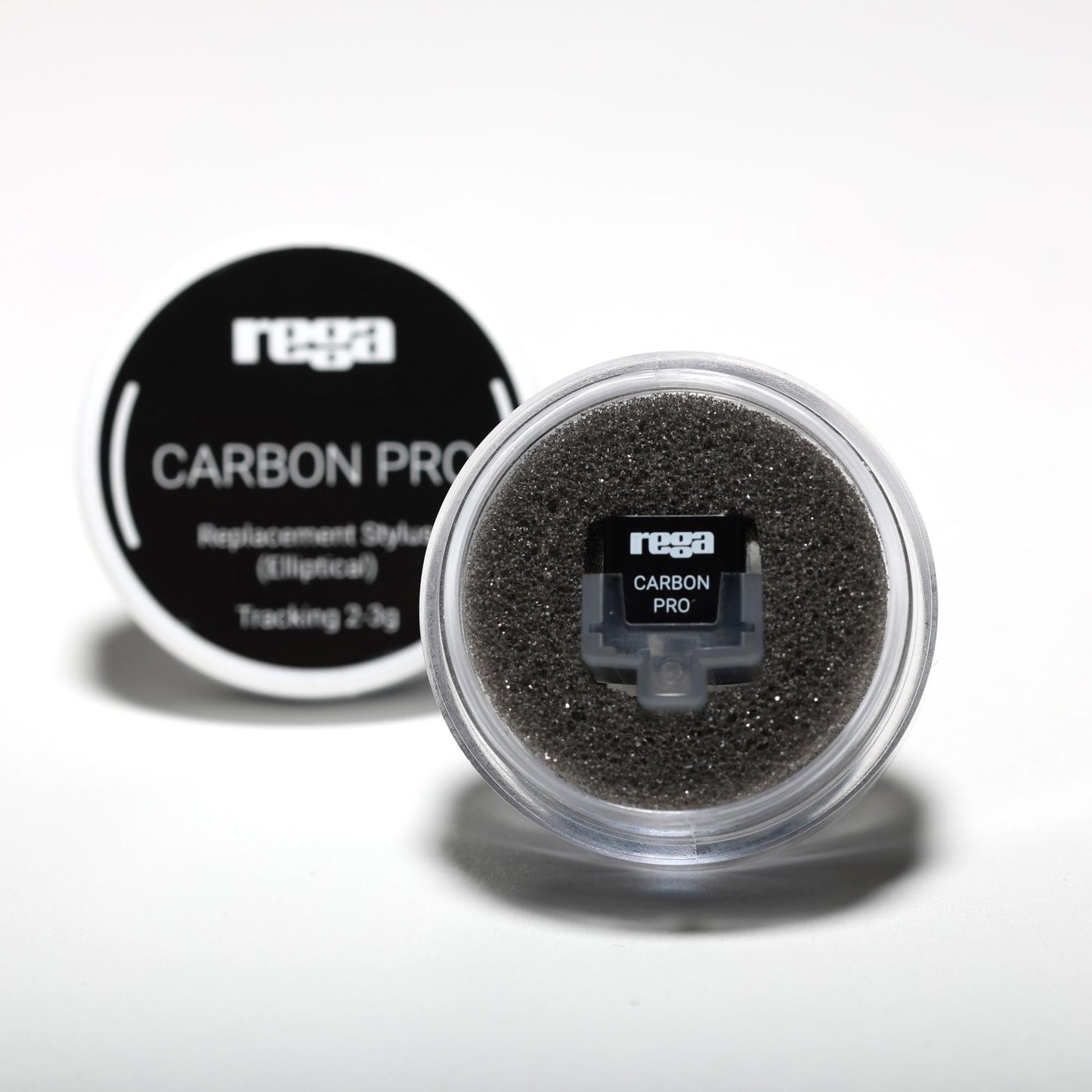 Rega Carbon Pro replacement stylus in a clear container on a white background