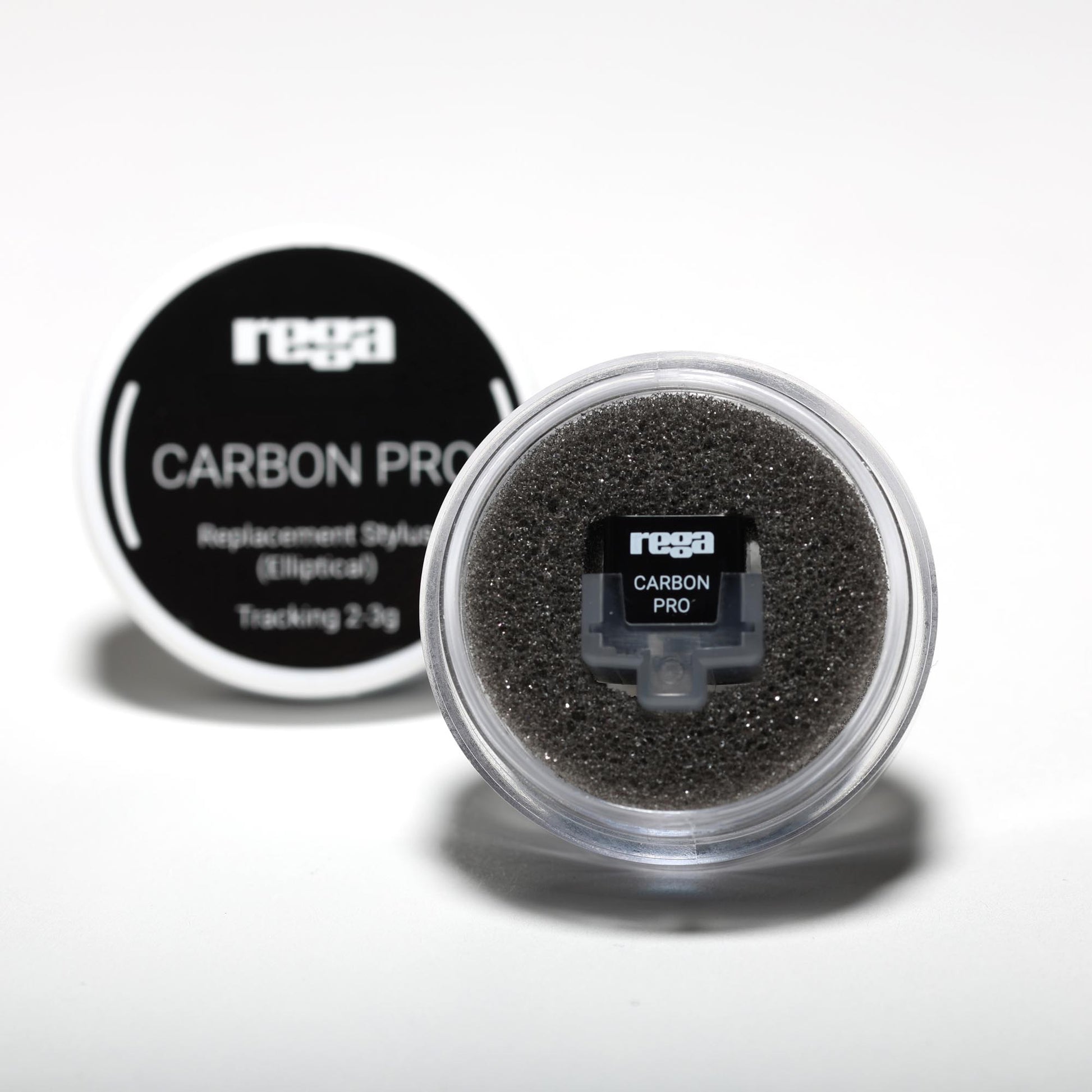 Rega Carbon Pro replacement stylus in a clear container on a white background