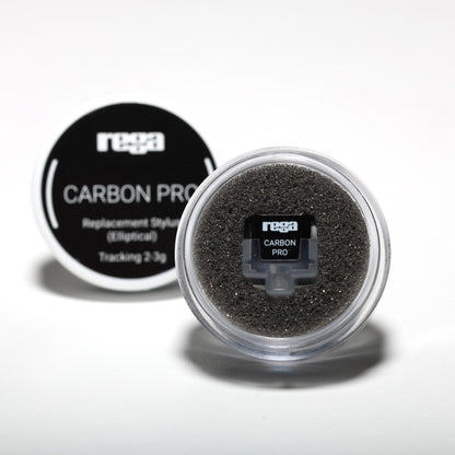 Rega Carbon Pro replacement stylus in a clear container on a white background
