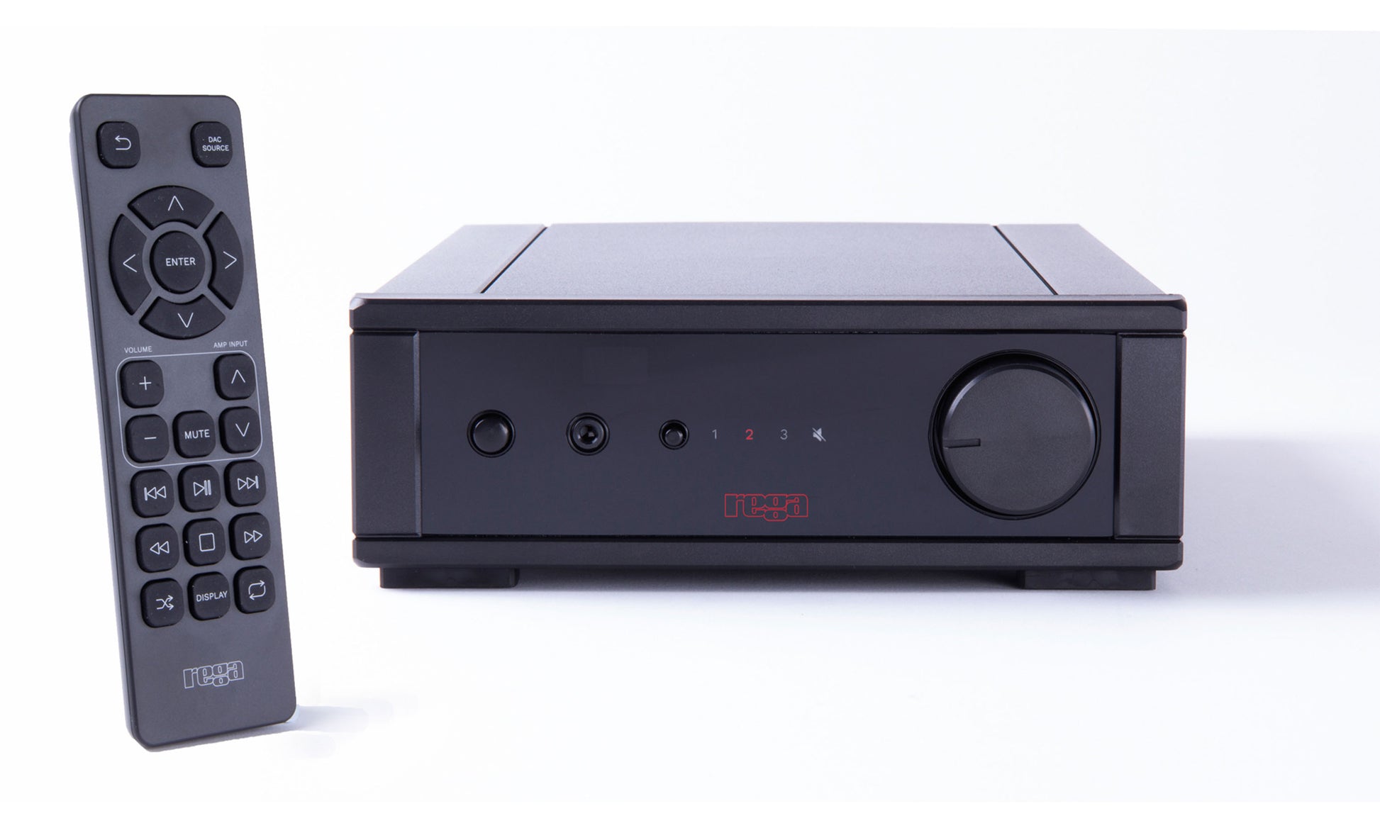Rega io Stereo Amplifier - Front view with remote control