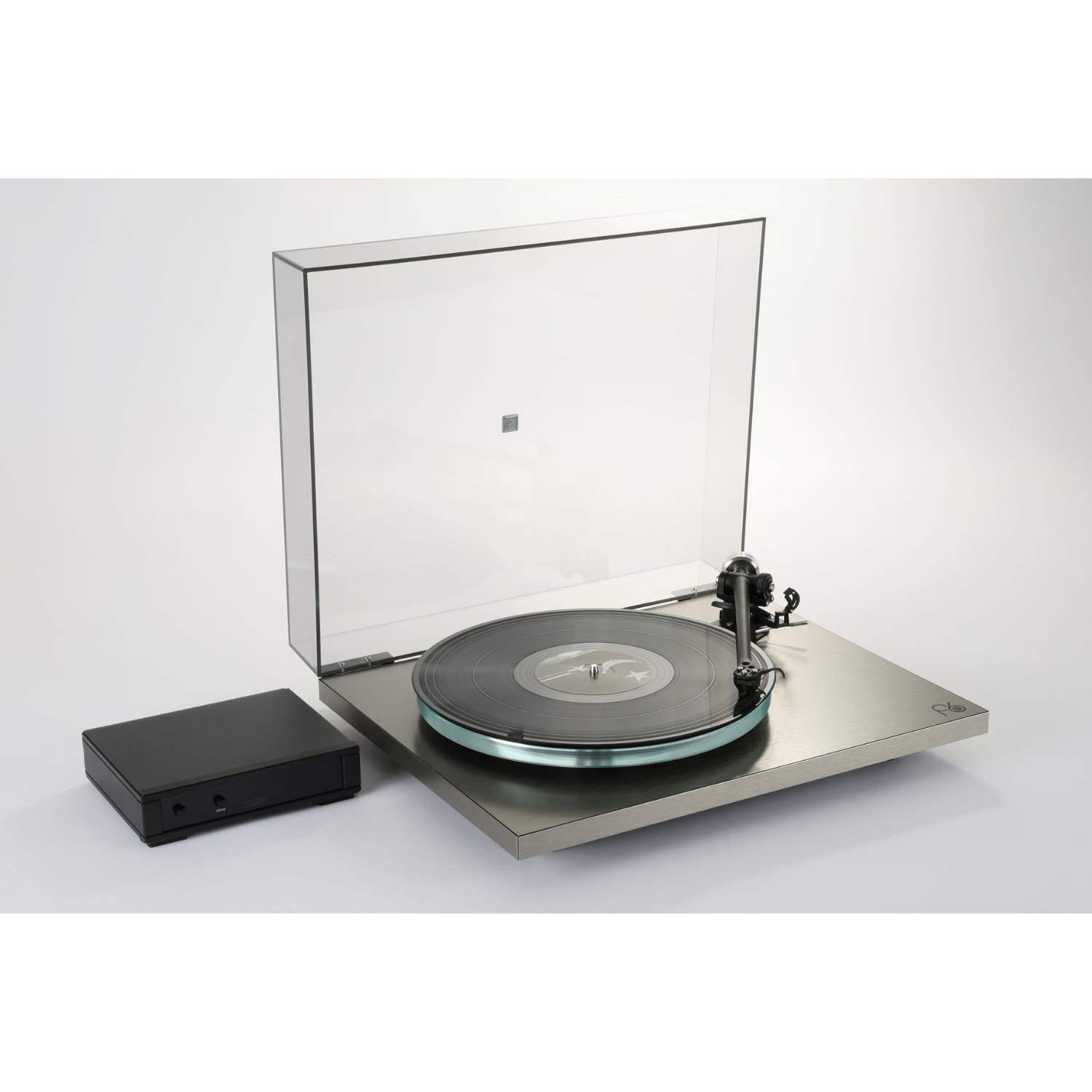 Rega Planar 6 RS Turntable with lid open next to Rega NEO