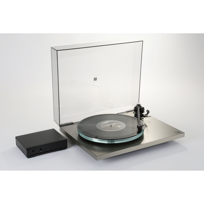 Rega Planar 6 RS Turntable with lid open next to Rega NEO