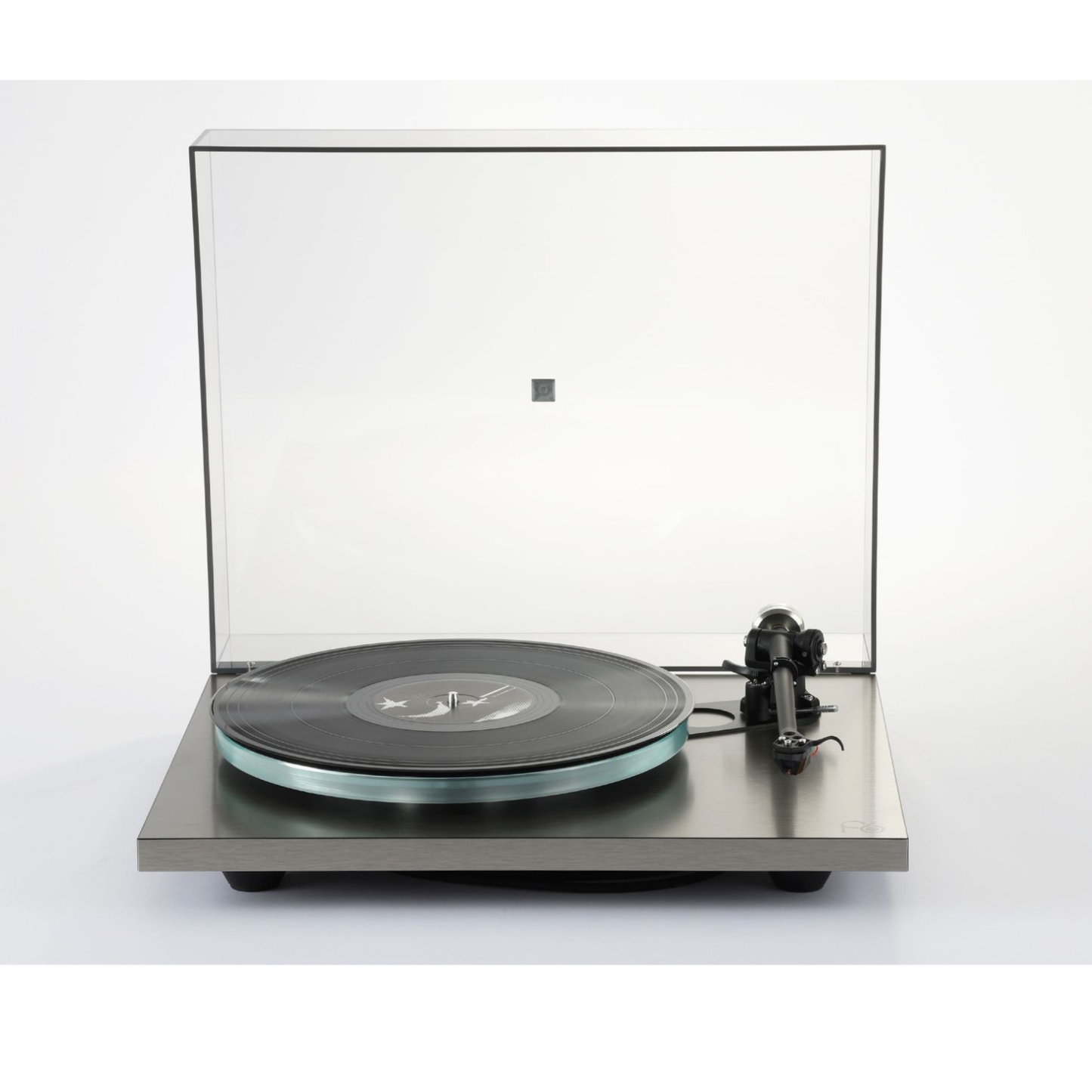 Turntable with a dust cover on a white background